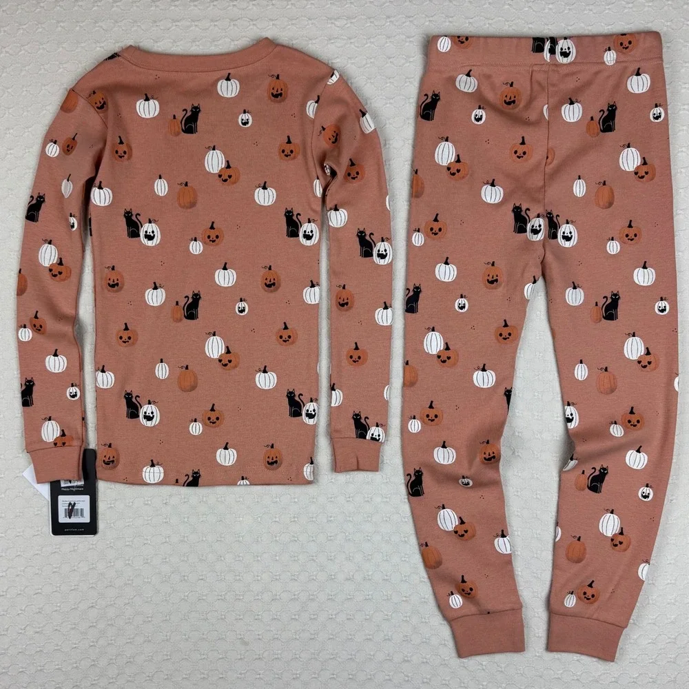 NWT Petit Lem Pajamas Halloween Glow Pumpkin Cat Kid 5 Dusty Pink Organic Cotton